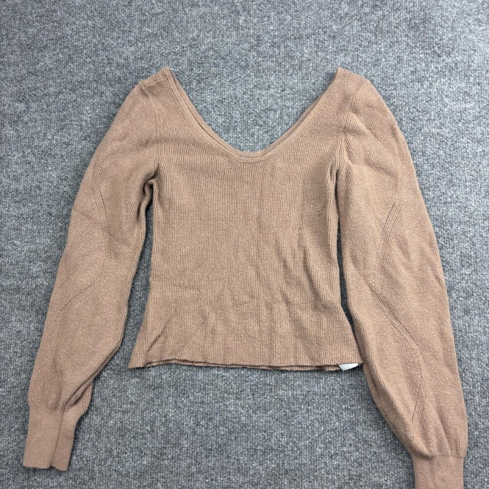Abercrombie & Fitch Sweater Womens Large Taupe Ribbed Knit V Neck Long Sleeve